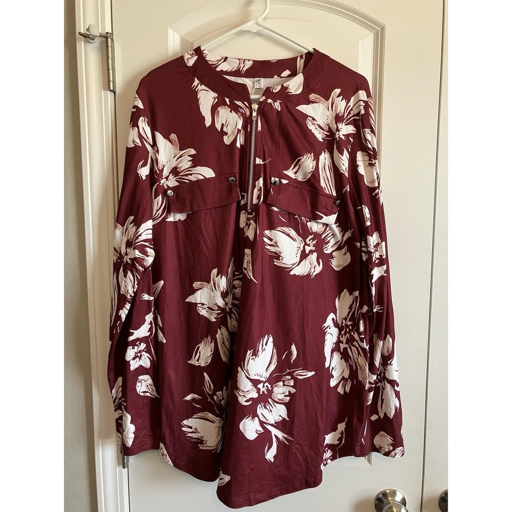 LuckyMore Tunic Blouse Women 2XL Maroon Like New Floral Zipper 3/4 Sleeve C679